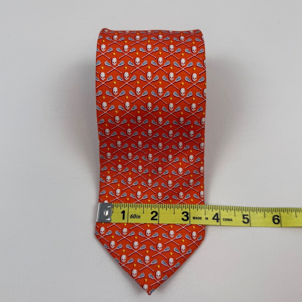 Bird Dog Bay Mens Orange Lacrosse Stick Skull Print Silk Neck Tie - Picture 7 of 7